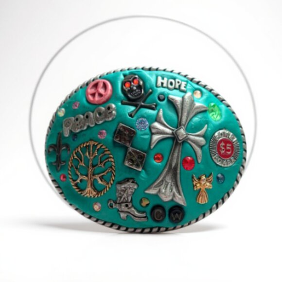 One-of-a-Kind Handcrafted Clay Belt Buckle Peace Skull Cross Vegas Hippie main image 2